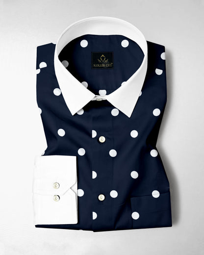 Moonlit Blue and Silk White Polka Dots Printed Designer Cotton Shirt