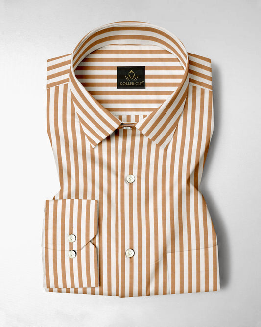 Wheat Brown and Milk White Stripes Oxford Structured Cotton Shirt