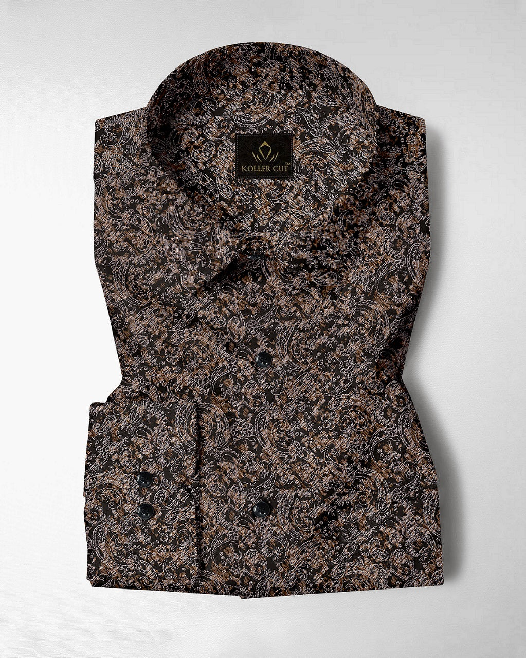 Carbon Black and Nutria Brown Paisley Pattern Printed Cotton Shirt