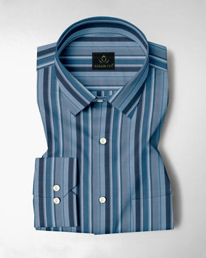 Faience Blue with Silver gray and Riviera Blue Stripes Cotton Shirt