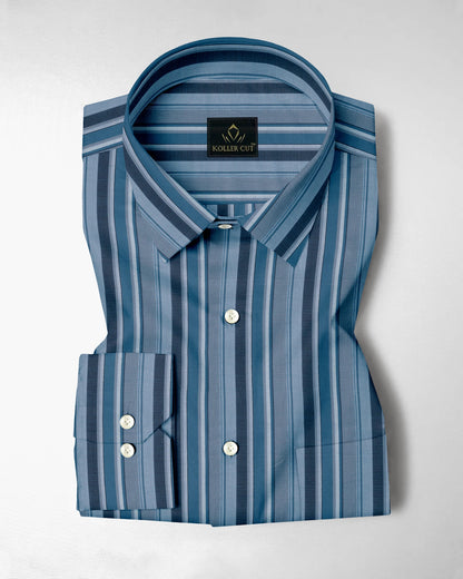 Faience Blue with Silver gray and Riviera Blue Stripes Cotton Shirt