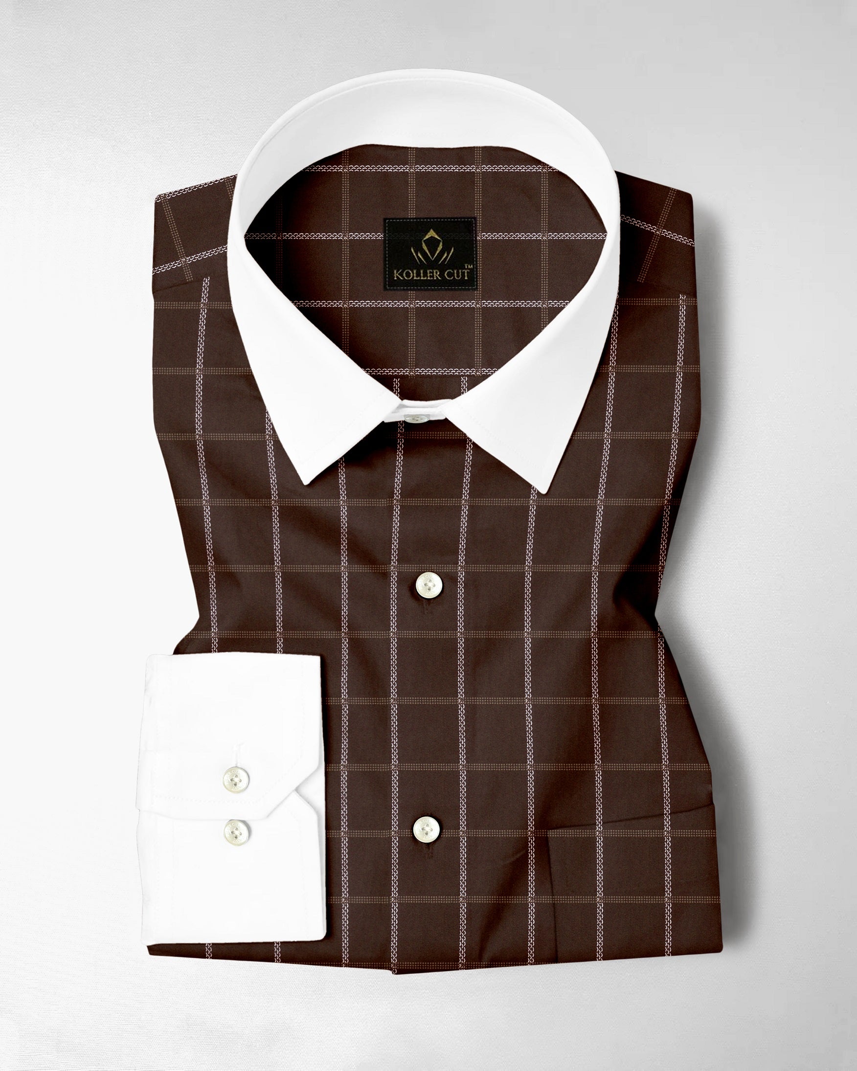 Carob Brown with White and Argan Brown Dash Checks Designer Cotton Shirt