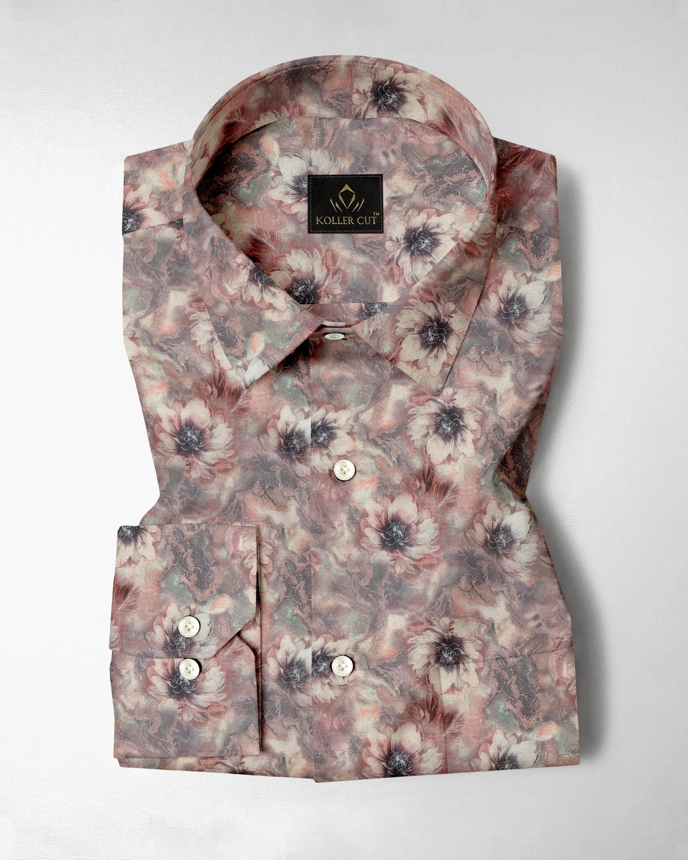 Angora Cream With Pinecone Brown and Aquasky Blue Peonies Flowers Printed Cotton Linen Shirt