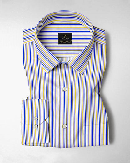 White with Lapis Blue and Lemon Yellow Multicolored Multitrack Stripes Cotton Shirt