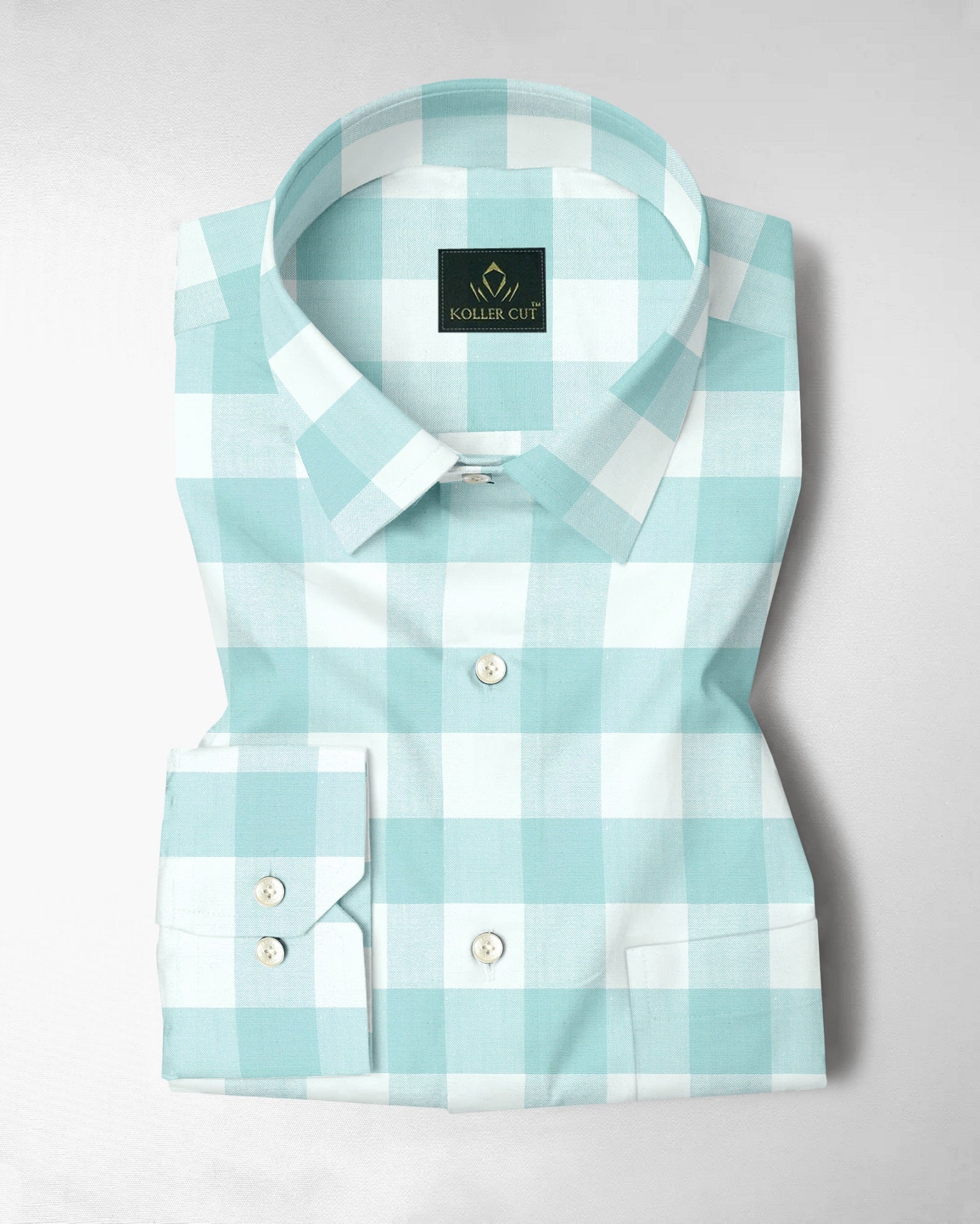 White and Turquoise Blue Buffalo Chekcs Oxford Cotton Shirt