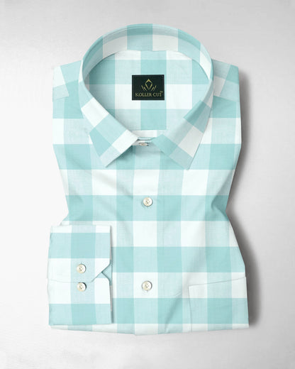 White and Turquoise Blue Buffalo Chekcs Oxford Cotton Shirt