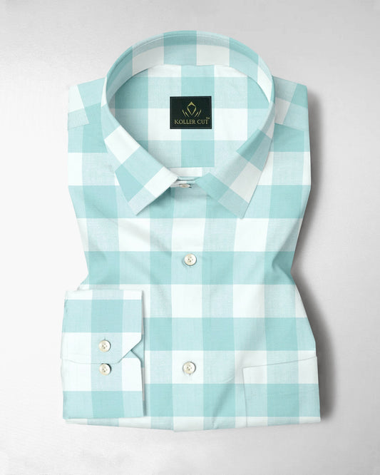 White and Turquoise Blue Buffalo Chekcs Oxford Cotton Shirt