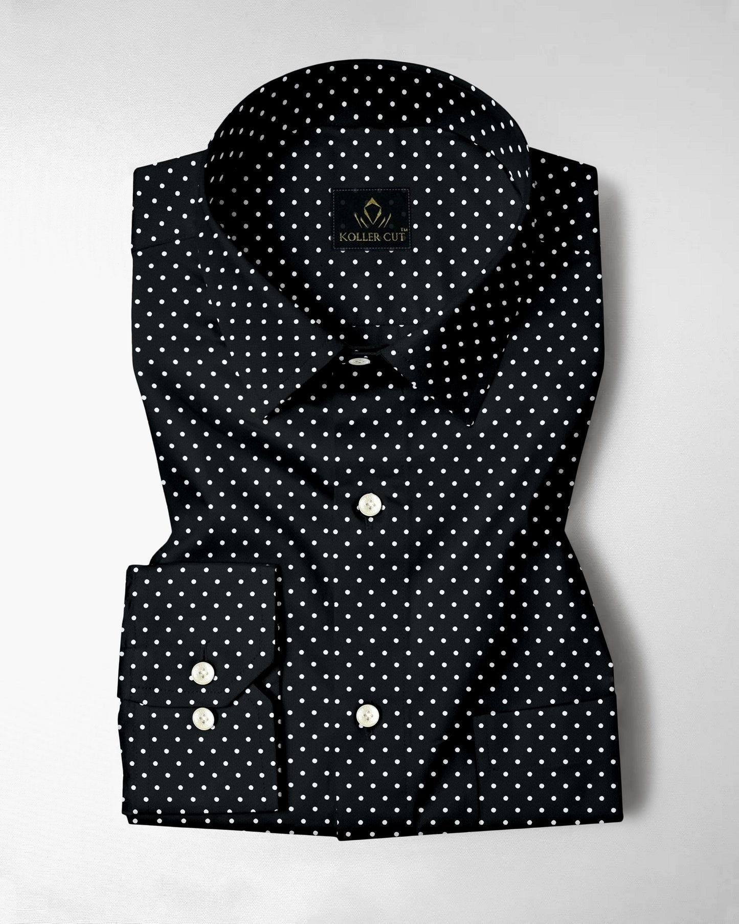Carbon Black and White Polka Dots Printed Cotton Shirt