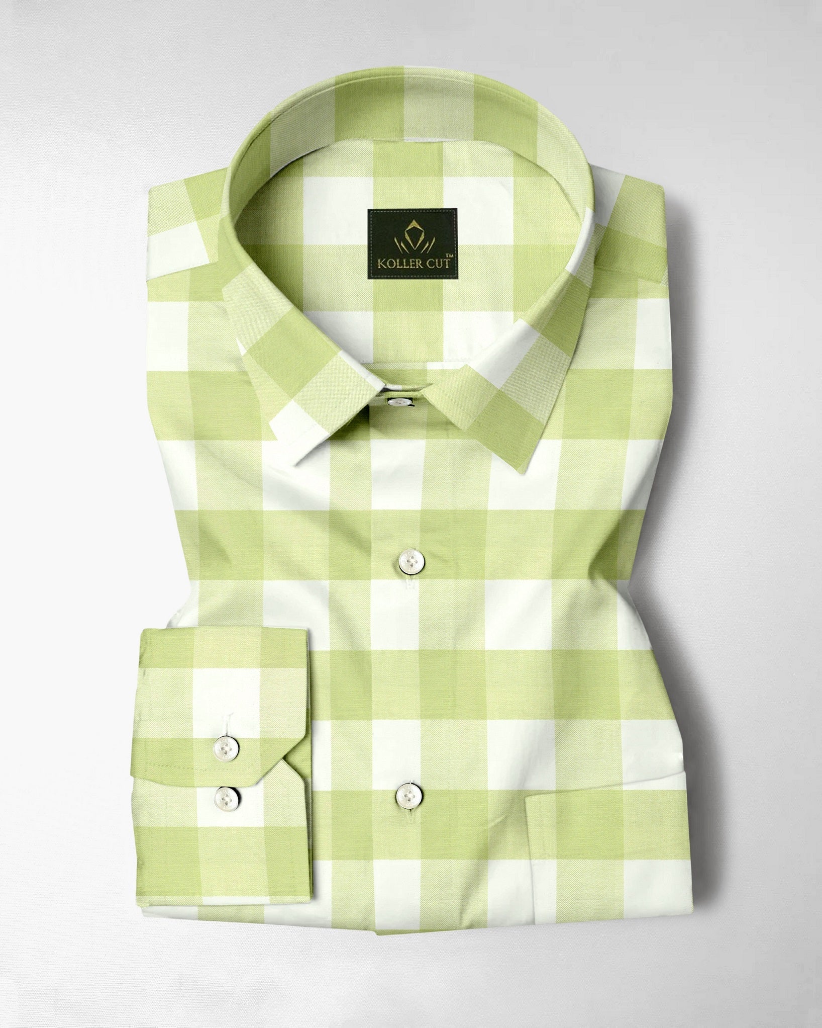 Chameleon Green and Moon White Buffalo Checks Oxford Cotton Shirt