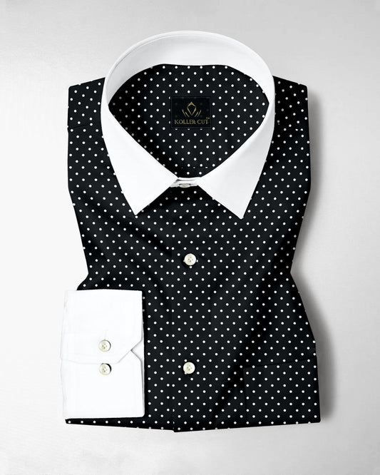 Carbon Black and White Polka Dots Printed Designer Cotton Shirt