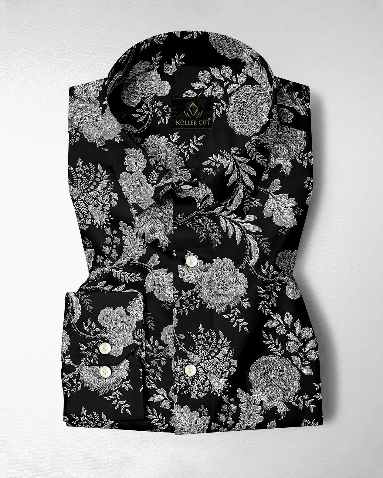 Raven Black with Platinum Grey and Silver Grey Marigold Plant Printed Cotton Shirt