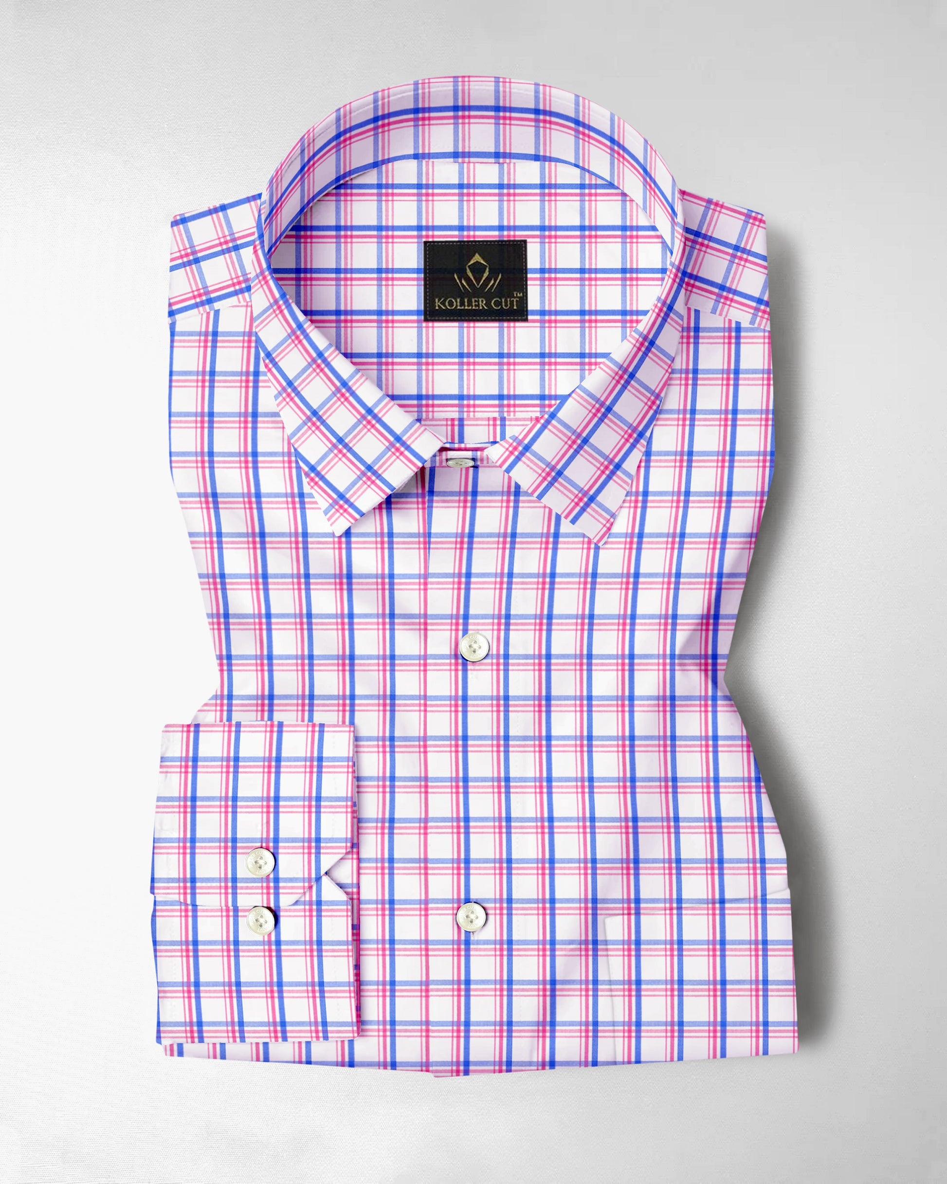 Salt White with Sachet Pink and Mykonos Blue Checks Cotton Shirt 