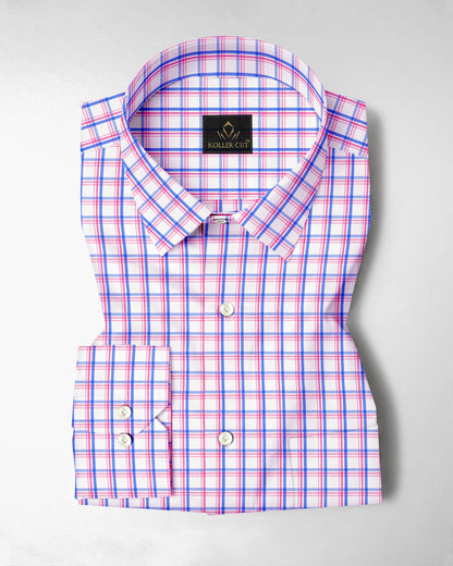 Salt White with Sachet Pink and Mykonos Blue Checks Cotton Shirt 