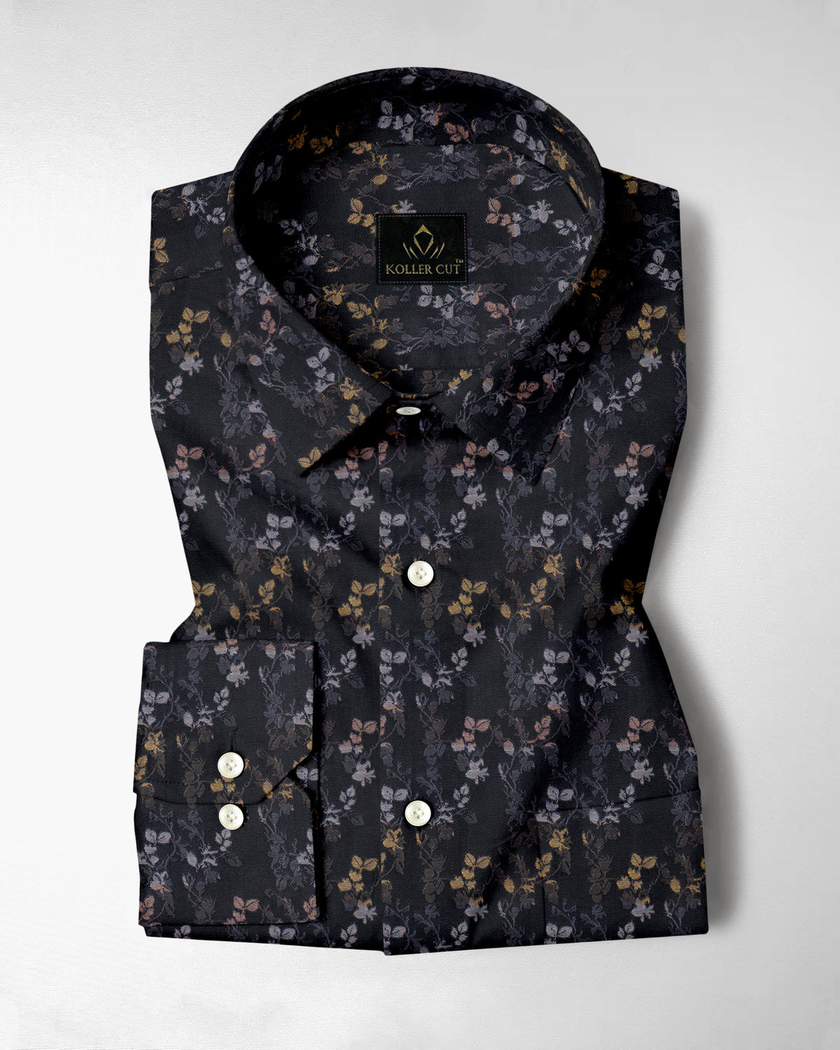 Asphalt Black with Peach Pink and Pale Gold Jacquard Leaf Printed Stripes Cotton Shirt