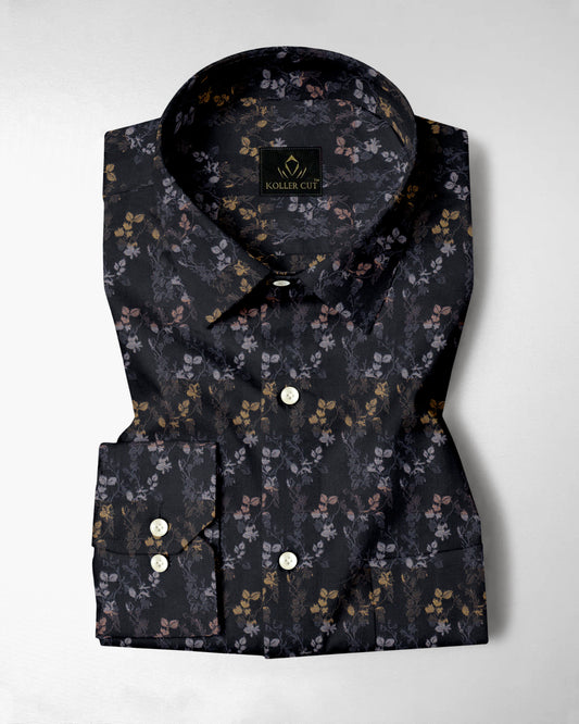 Asphalt Black with Peach Pink and Pale Gold Jacquard Leaf Printed Stripes Cotton Shirt