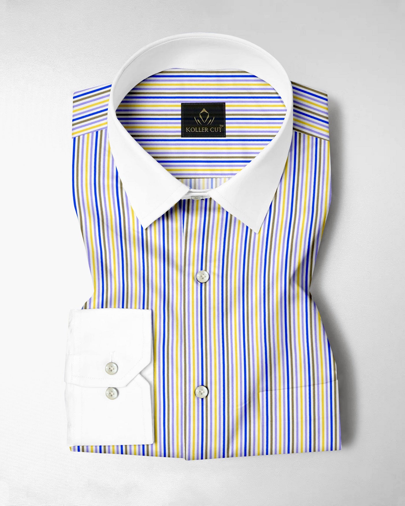 White with Lapis Blue and Lemon Yellow Multicolored Multitrack Stripes Designer Cotton Shirt 