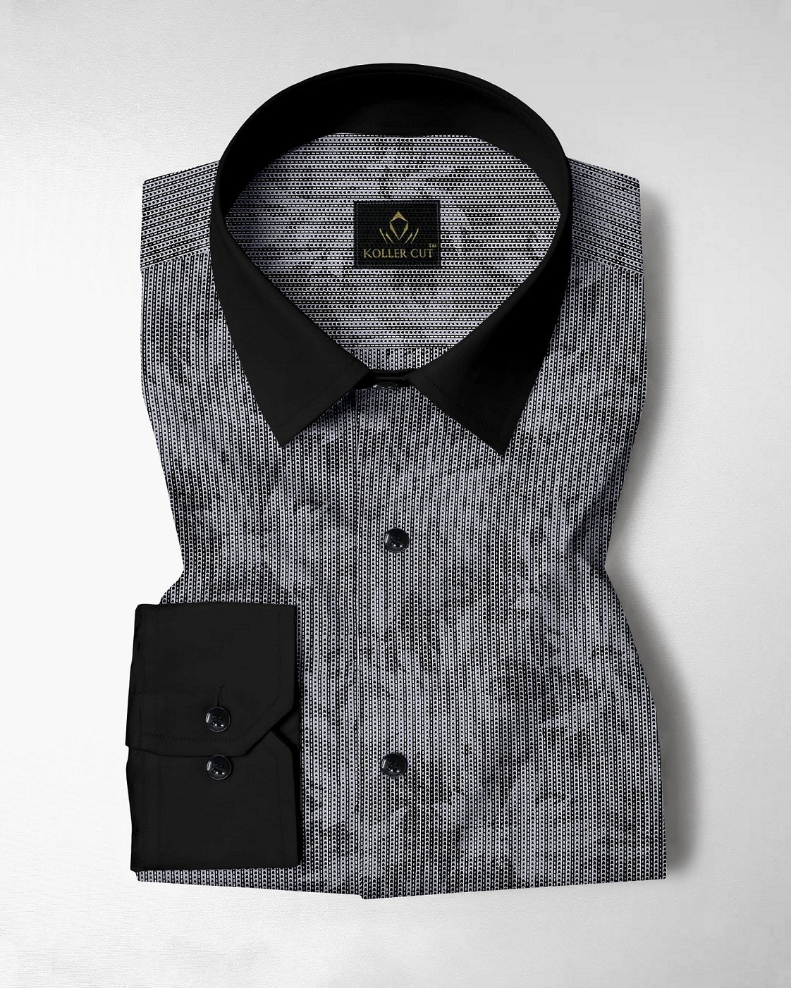 Sable Black and Slate Grey Maple Leaf Printed Broken Stripes Designer Cotton Shirt