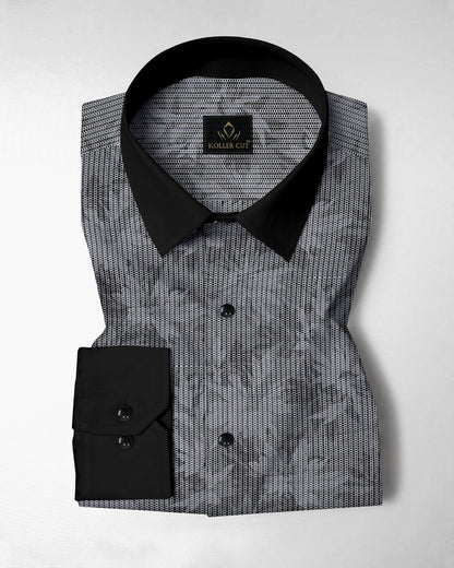 Sable Black and Slate Grey Maple Leaf Printed Broken Stripes Designer Cotton Shirt