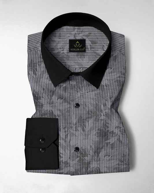 Sable Black and Slate Grey Maple Leaf Printed Broken Stripes Designer Cotton Shirt