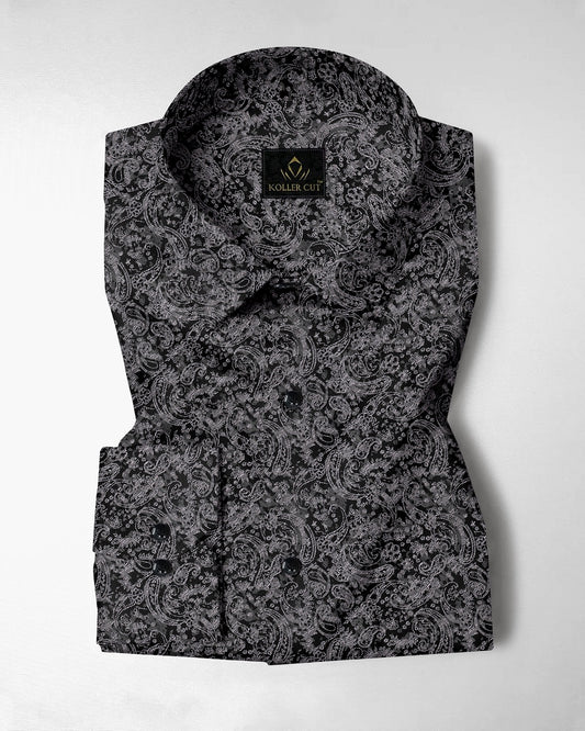 Carbon Black and Meteorite Grey Paisley Pattern Printed Giza Cotton Shirt