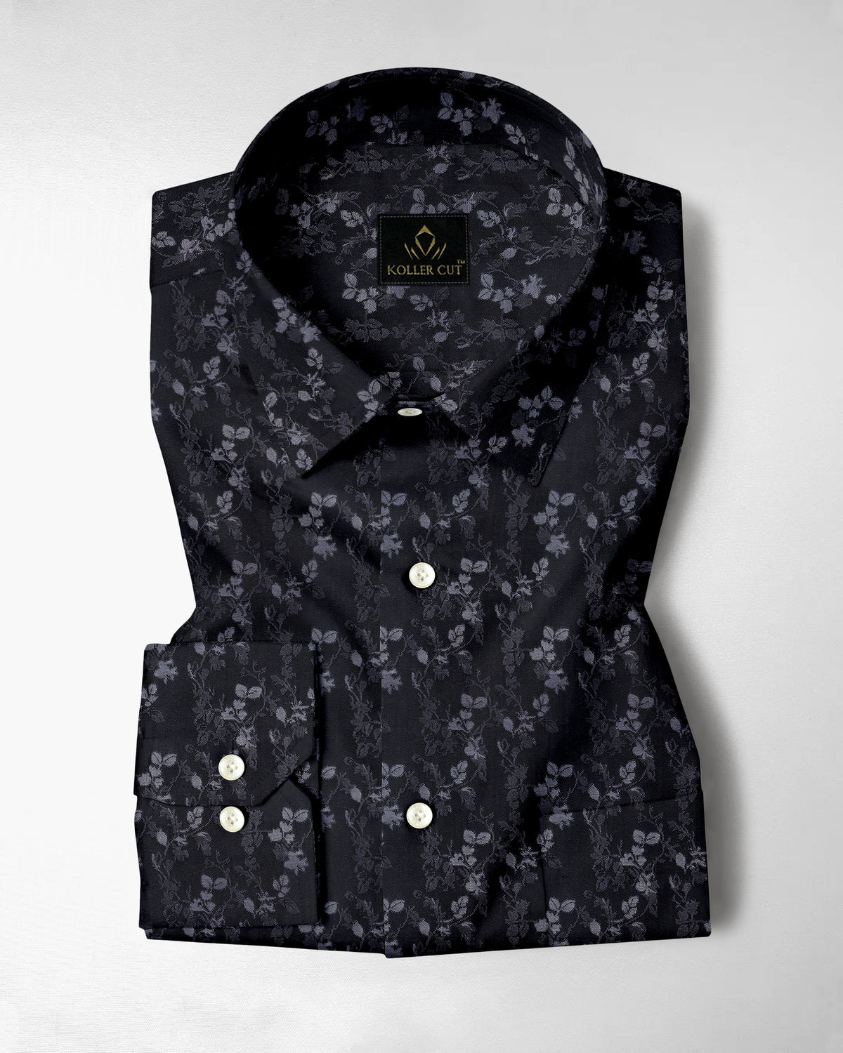 Asphalt Black with Limestone Gray and Vapor Gray Jacquard Leaf Printed Stripes Cotton Shirt