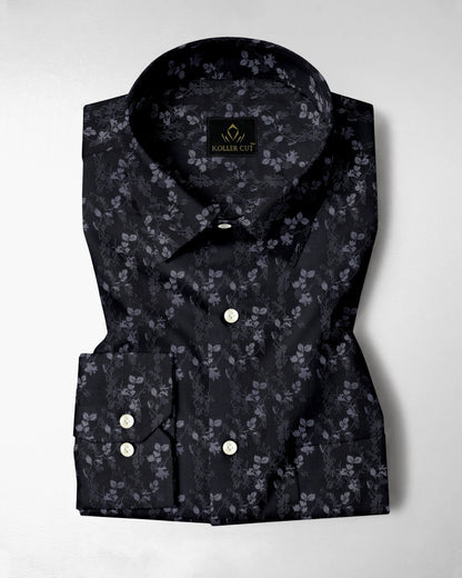 Asphalt Black with Limestone Gray and Vapor Gray Jacquard Leaf Printed Stripes Cotton Shirt