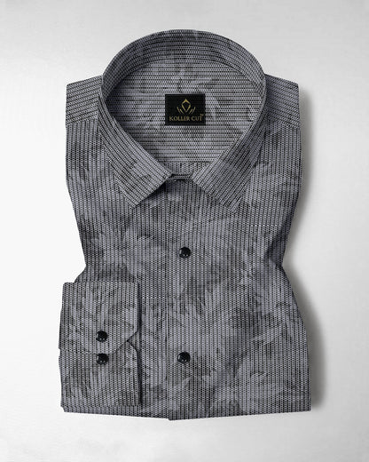 Sable Black and Slate Grey Maple Leaf Printed Broken Stripes Cotton Shirt