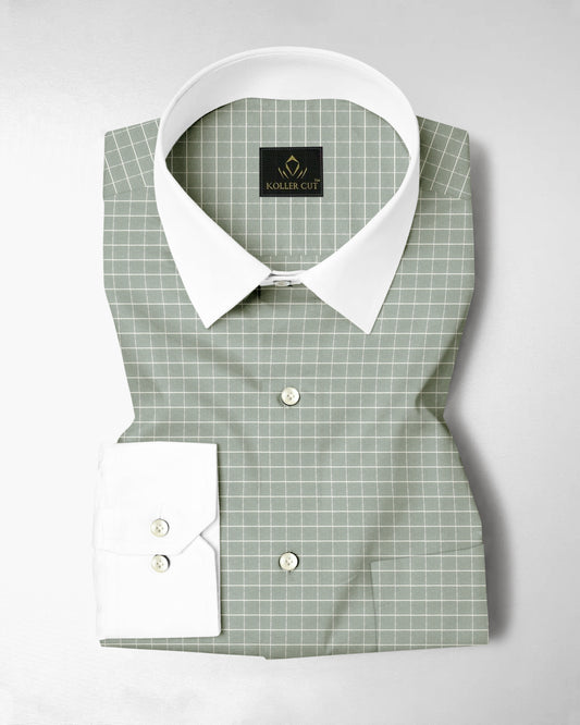 Avocado Green and Snow White Checks Designer Cotton Shirt