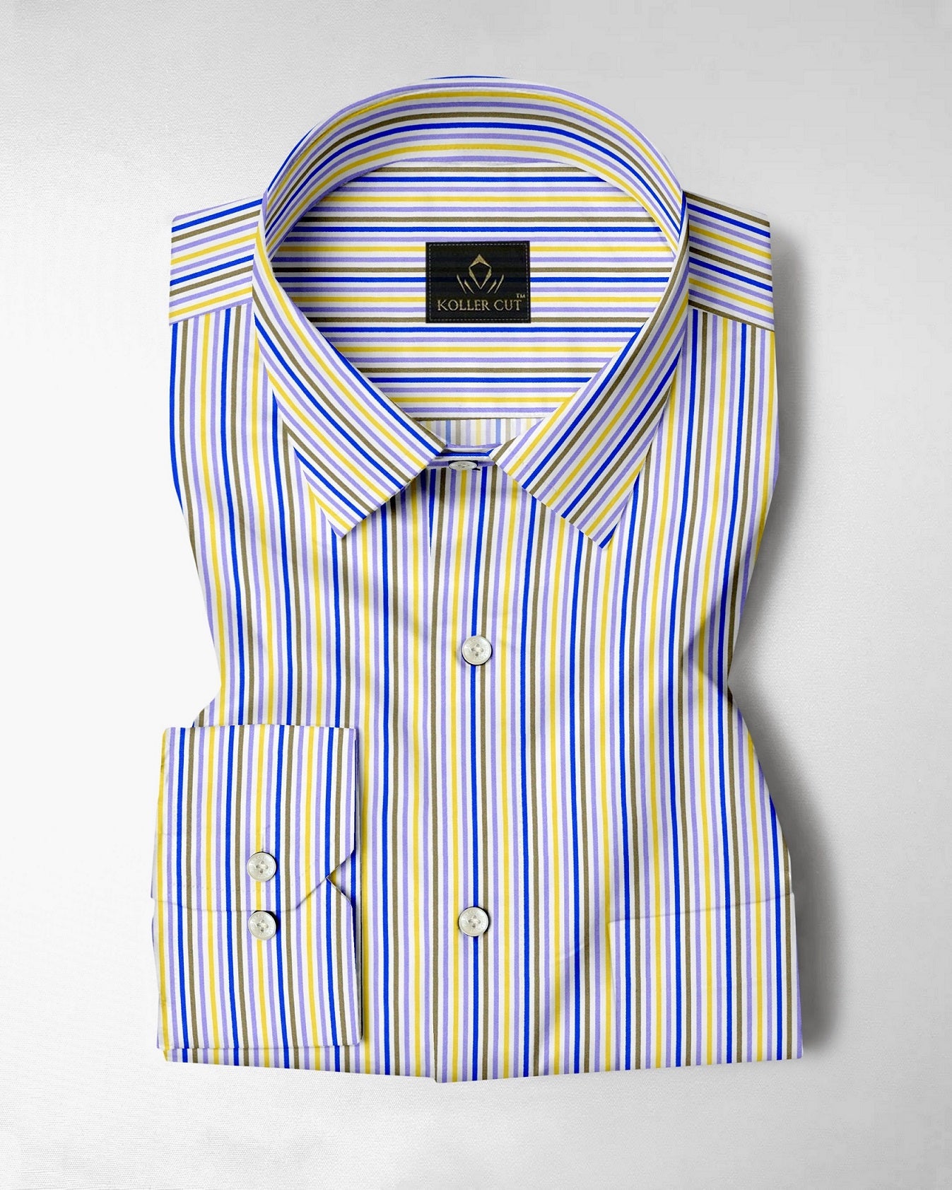 White with Lichen Blue and Lemon Yellow Multicolored Stripes Cotton Shirt
