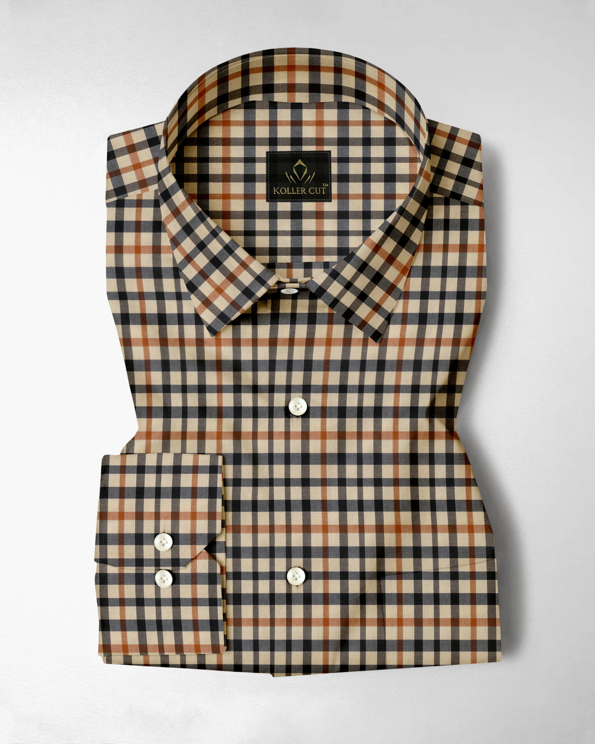 Cornhusk Cream with Black and Tangerine Orange Gun Club Checks 2 Ply Giza Cotton Shirt