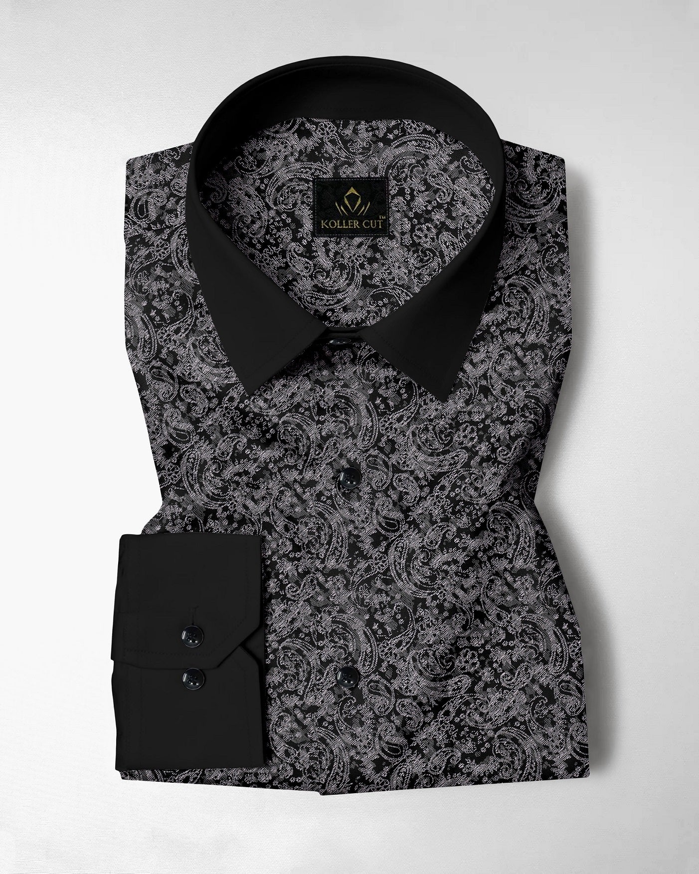 Plus Size Men Black Contrast Collar Shirt - Paisley Pattern Printed ...
