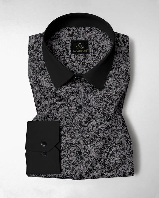 Carbon Black and Meteorite Grey Paisley Pattern Printed Designer Giza Cotton Shirt