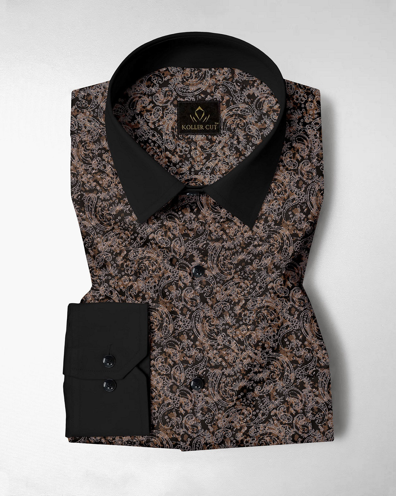 Carbon Black and Nutria Brown Paisley Pattern Printed Designer Cotton Shirt