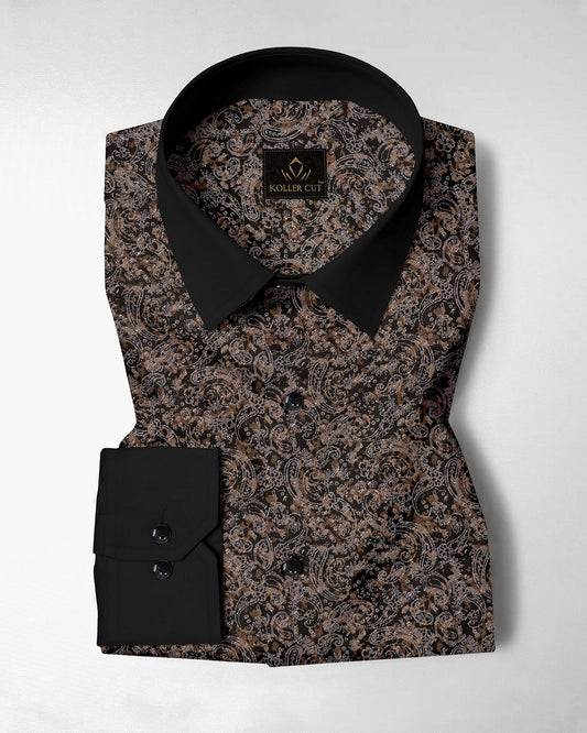 Carbon Black and Nutria Brown Paisley Pattern Printed Designer Cotton Shirt
