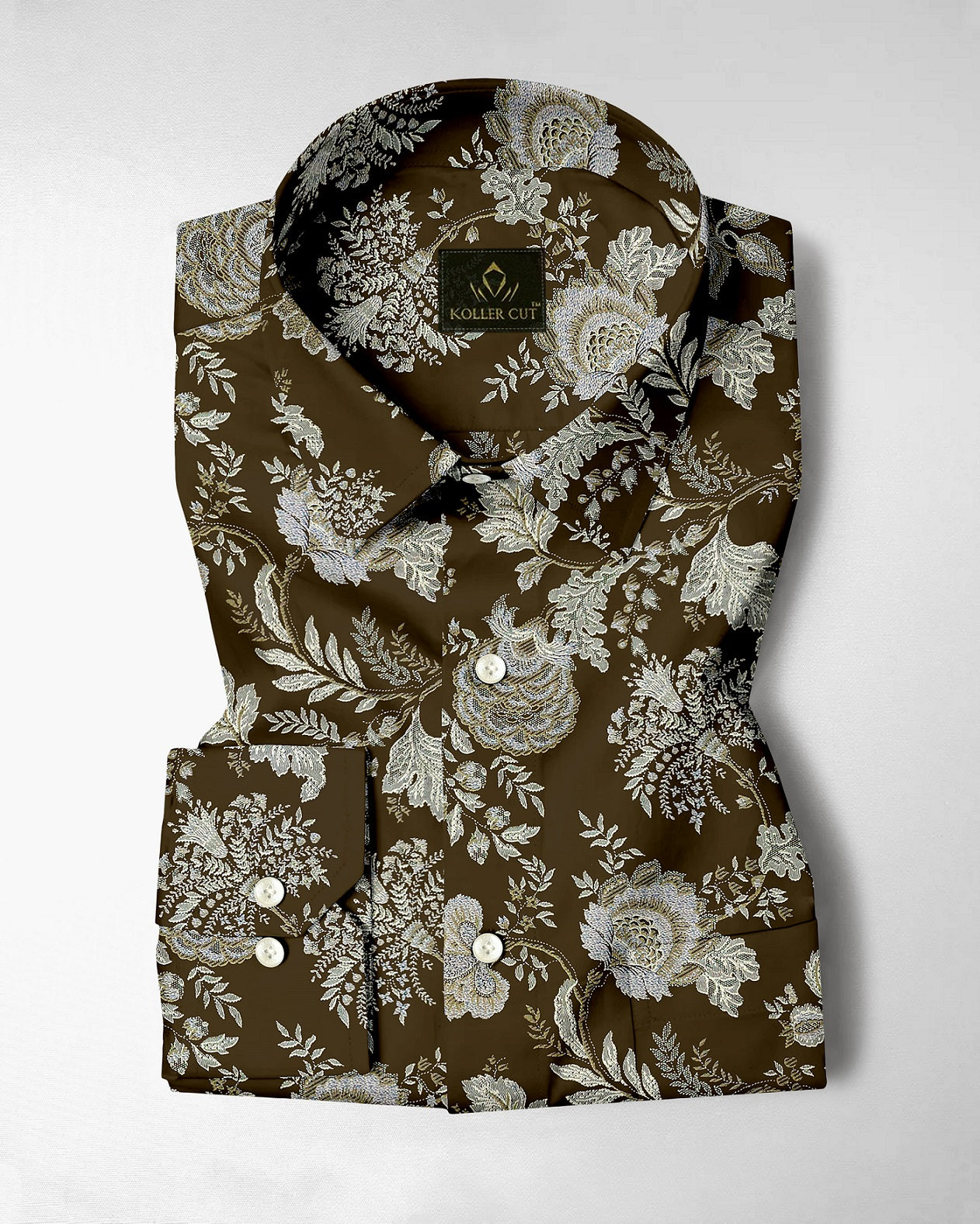 Lizard Brown with Olive Green and Moth Cream Marigold Plant Printed Cotton Shirt