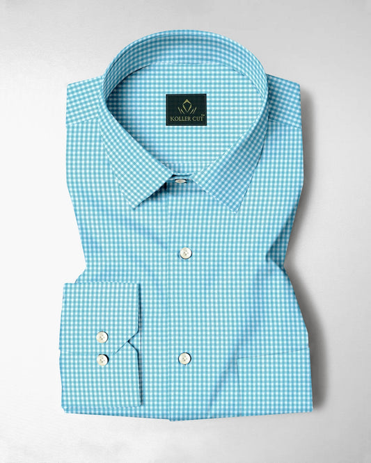 Aqua Blue and Porcelain White Gingham Checks Cotton Shirt
