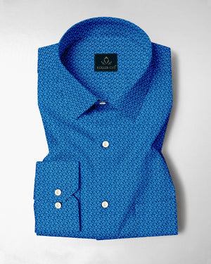 Federal Blue and White Chamomile Flower Printed Cotton Shirt