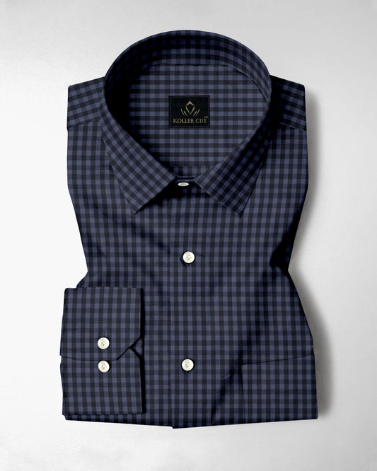 Sable Black with Slate Blue and Flint Grey Gingham Checks Cotton Shirt