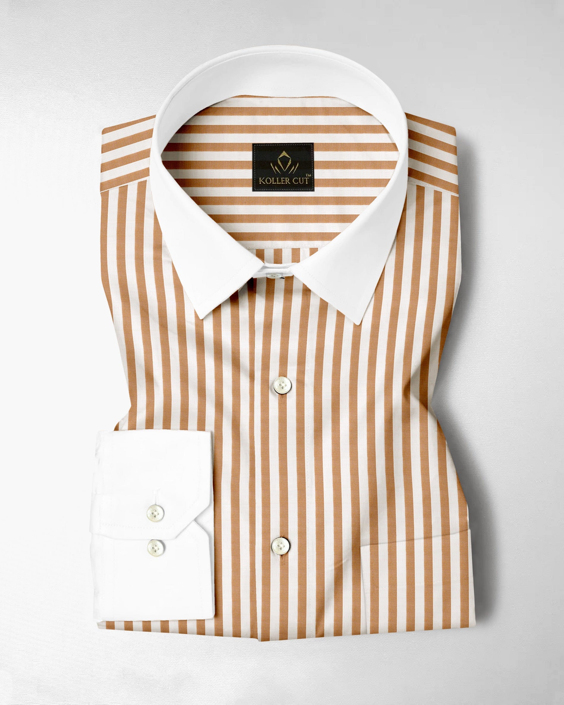 Wheat Brown and Milk White Stripes Oxford Structured Designer Cotton Shirt