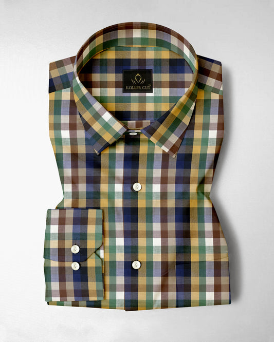 Rattan Yellow with Nutmeg Brown and Thyme Green Multicolored Tartan Checks Premium Cotton Shirt
