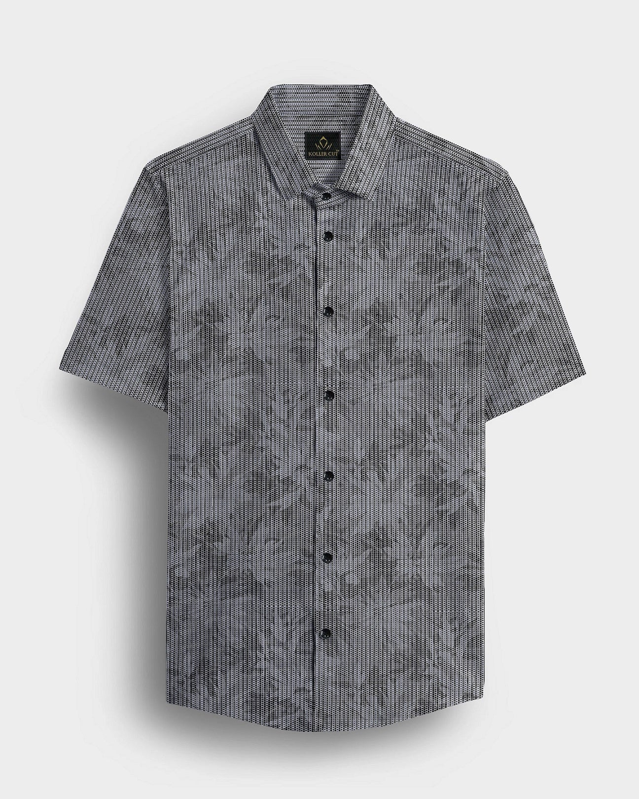 Sable Black and Slate Grey Maple Leaf Printed Broken Stripes Cotton Shirt