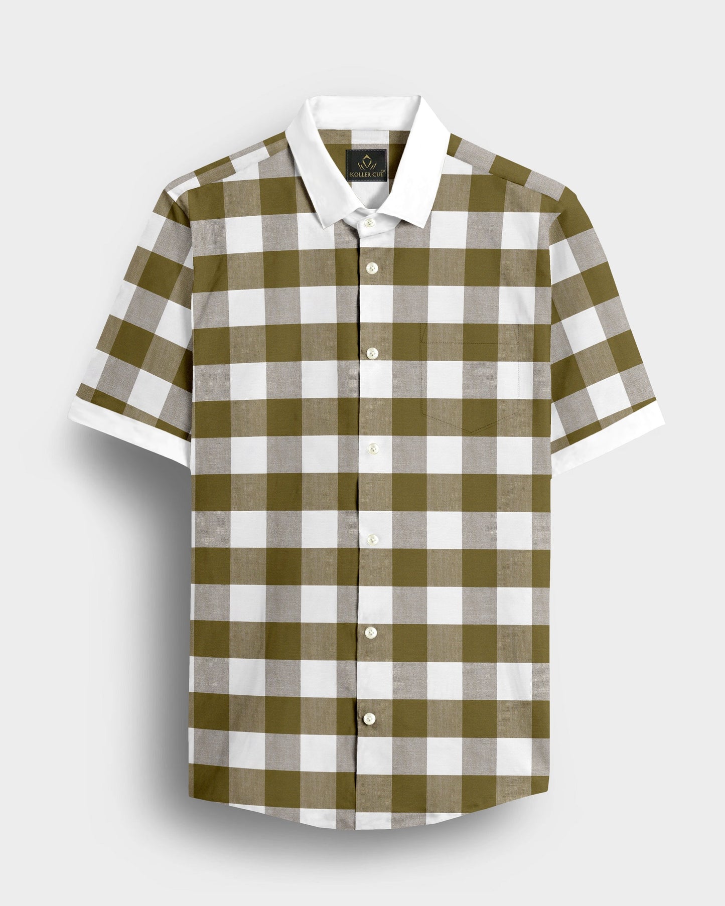 White and Ecru Olive Green Buffalo Checks Designer Cotton Shirt