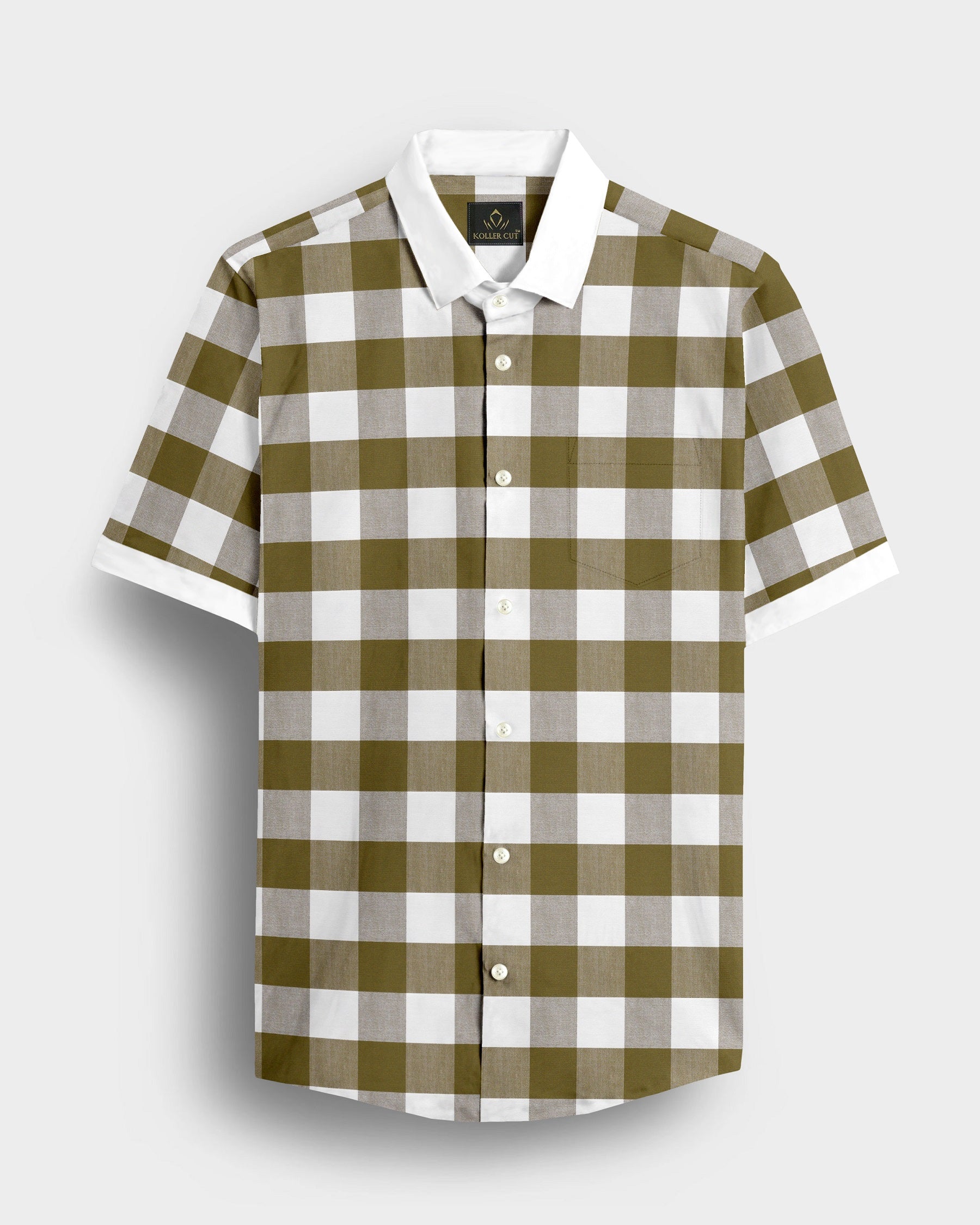 White and Ecru Olive Green Buffalo Checks Designer Cotton Shirt