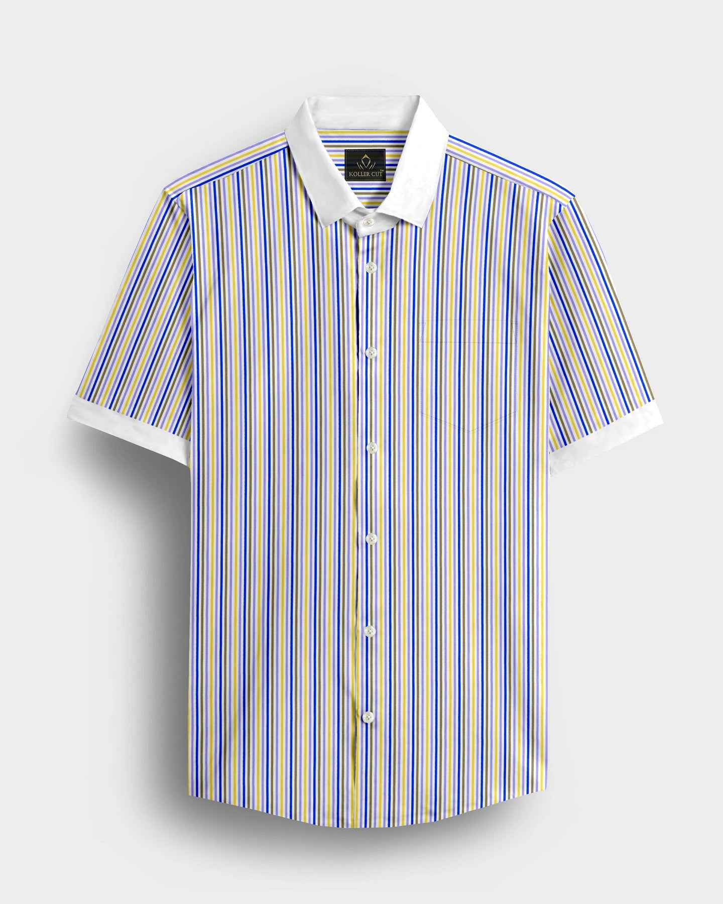 White with Lapis Blue and Lemon Yellow Multicolored Multitrack Stripes Designer Cotton Shirt 