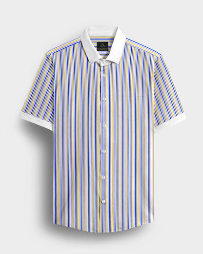 White with Lapis Blue and Lemon Yellow Multicolored Multitrack Stripes Designer Cotton Shirt 