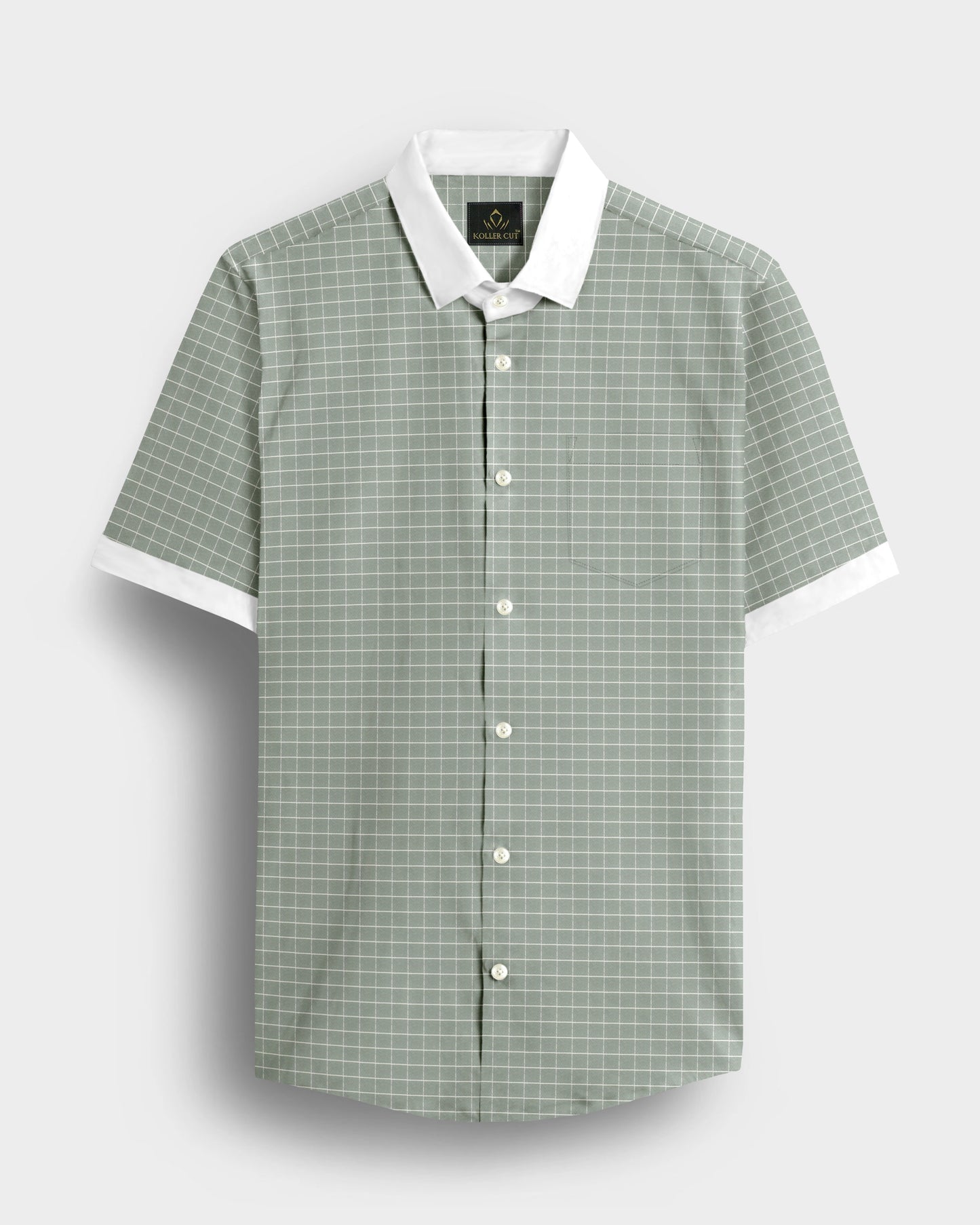 Avocado Green and Snow White Checks Designer Cotton Shirt