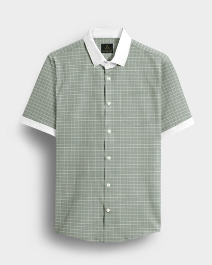 Avocado Green and Snow White Checks Designer Cotton Shirt