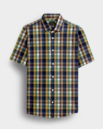 Rattan Yellow with Nutmeg Brown and Thyme Green Multicolored Tartan Checks Premium Cotton Shirt