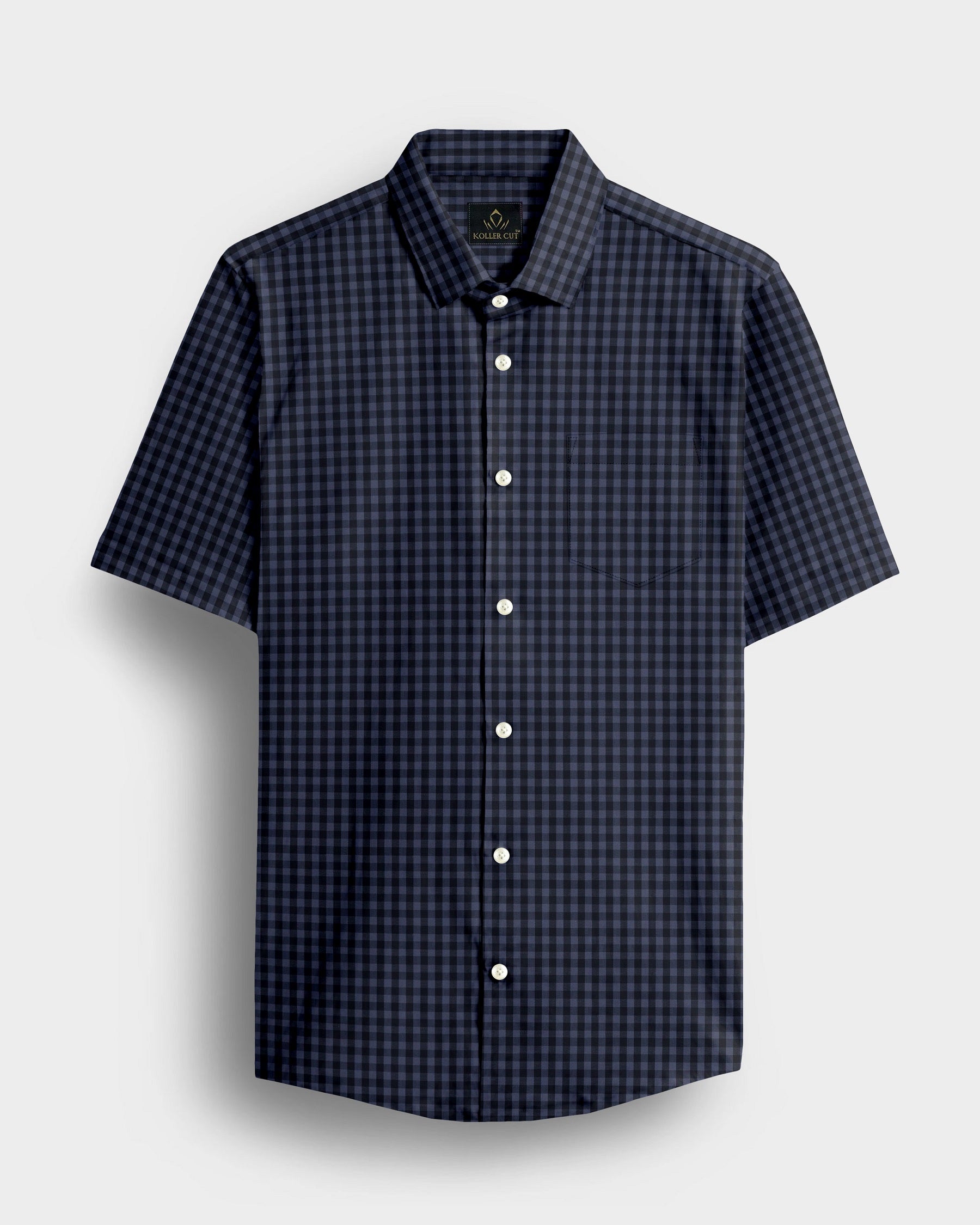 Sable Black with Slate Blue and Flint Grey Gingham Checks Cotton Shirt