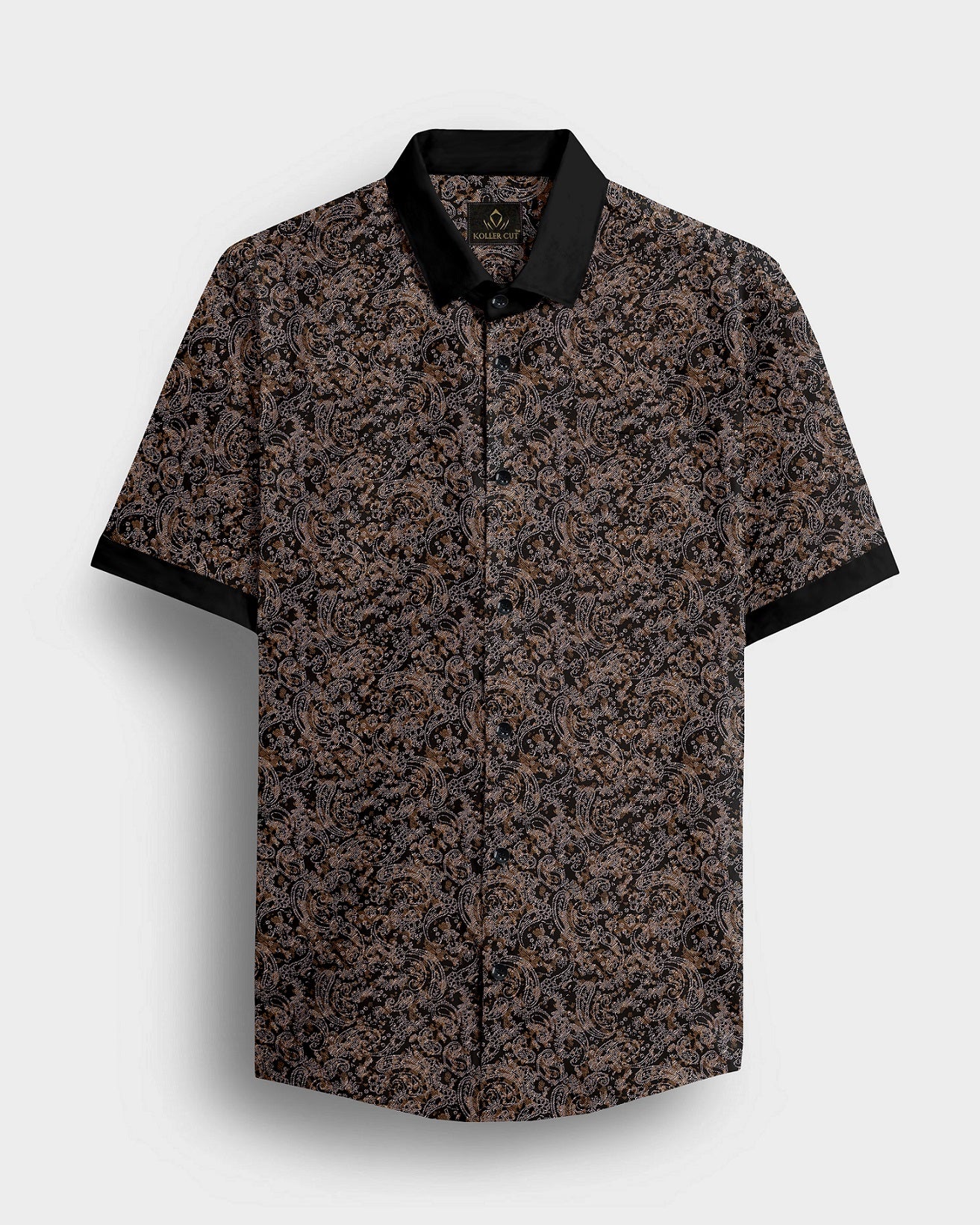 Carbon Black and Nutria Brown Paisley Pattern Printed Designer Cotton Shirt